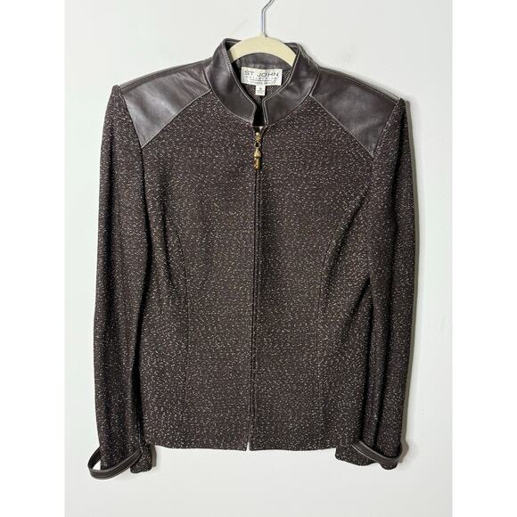 St. John Collection Knit Jacket Women 12 Brown Tweed Leather Full Zip Old Money - Picture 1 of 9